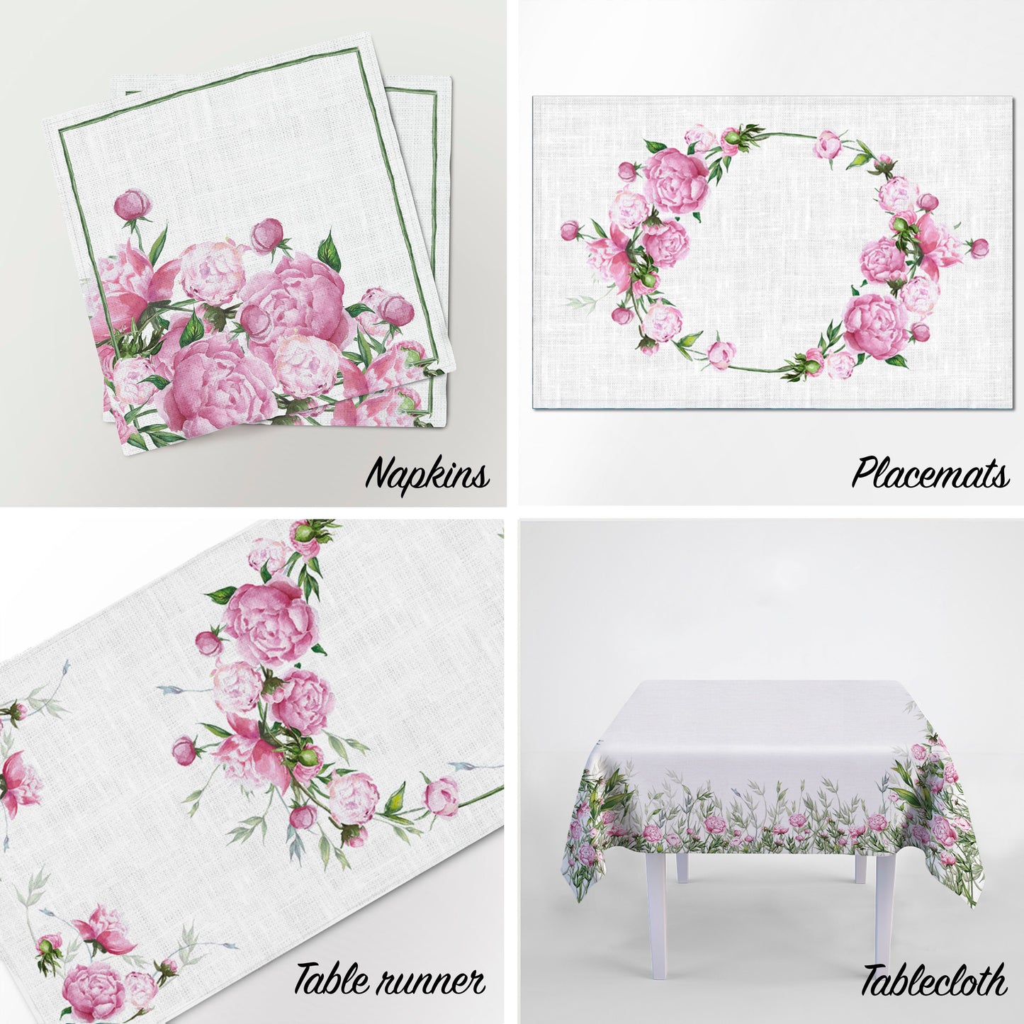 Table runner, peonies, linen, custom size table runner, 100% linen, peony, easter table runner, wedding table decor, pink decor