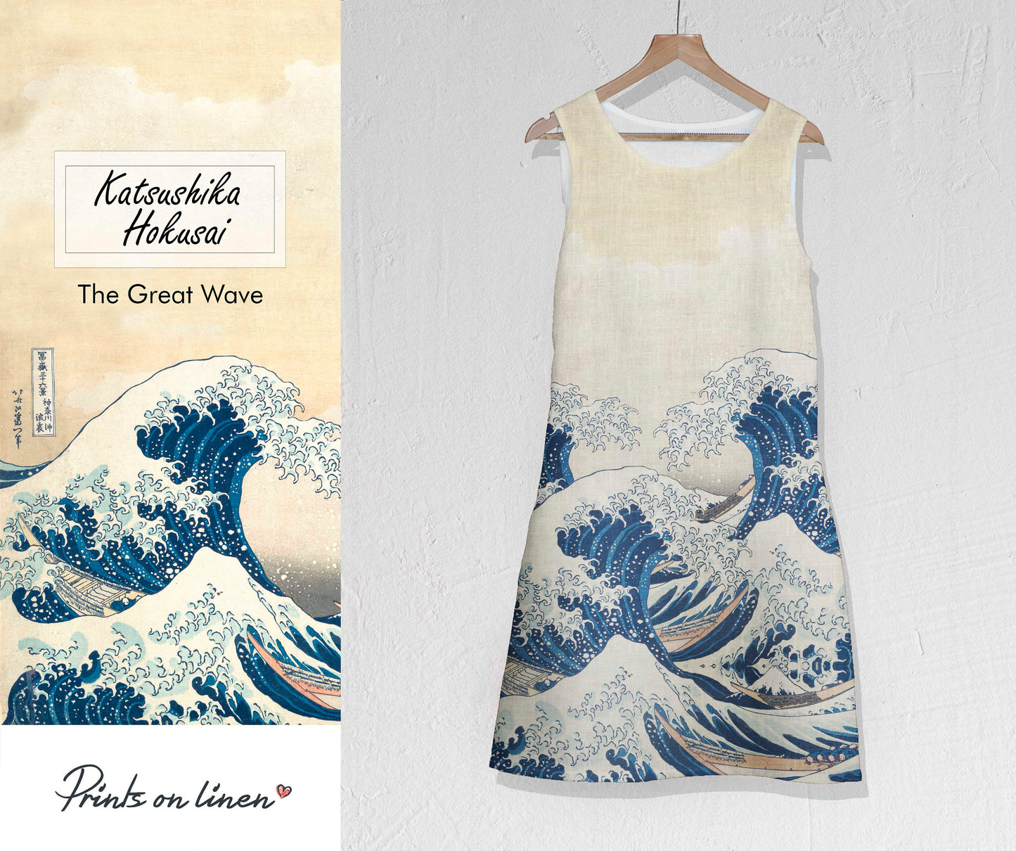 Linen dress, Hokusai The Great wave, sleeveless tunic, linen women dress, women dress with pockets, Linenislove