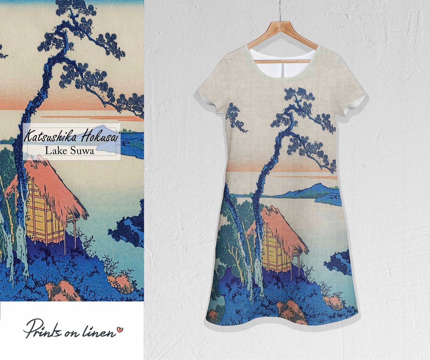 Linen dress, Hokusai, Lake Suwa, Summer dress, Katsushika Hokusai, short sleeves dress, vintage dress, wabi sabi dress, wabi sabi