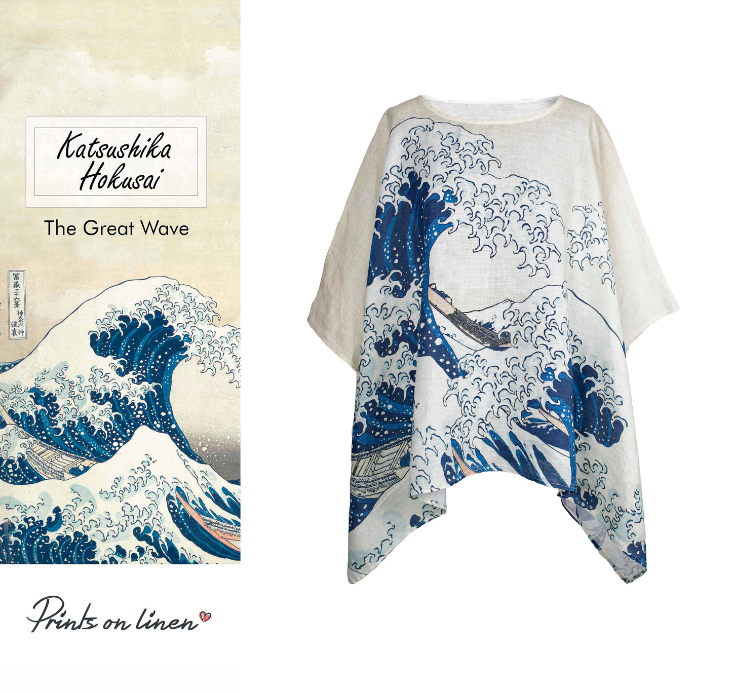 Hokusai, linen shirt, wabi sabi clothes, One size shirt, 100% linen, lounge wear, loose fit top, maternity shirt, tank top, japan top