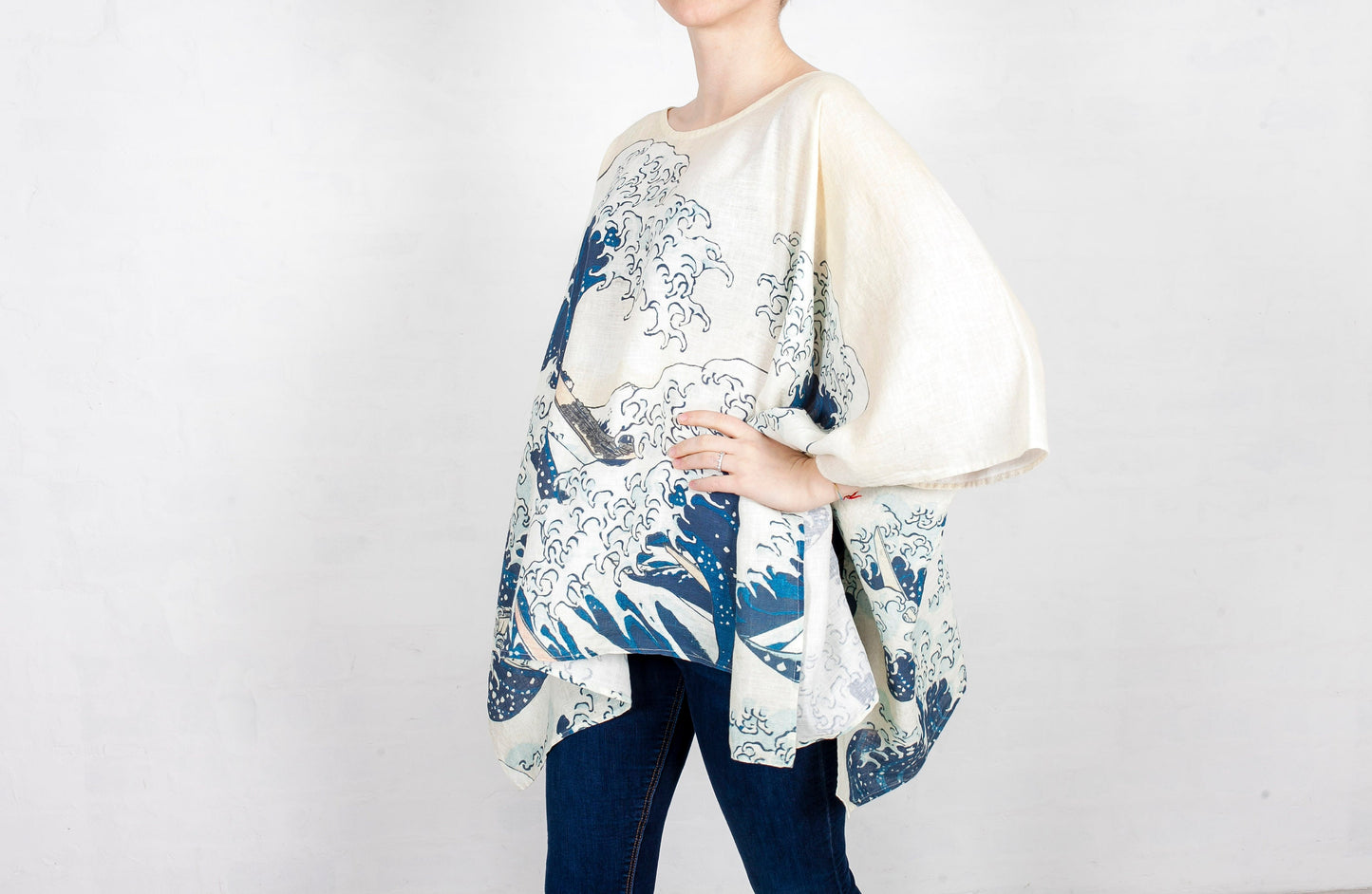 Hokusai, linen shirt, wabi sabi clothes, One size shirt, 100% linen, lounge wear, loose fit top, maternity shirt, tank top, japan top