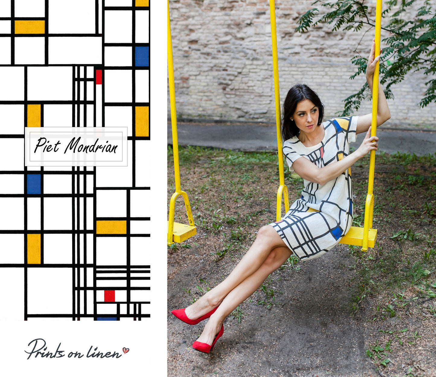 Linen Dress | Composition with Red, Blue and Yellow by Modrian