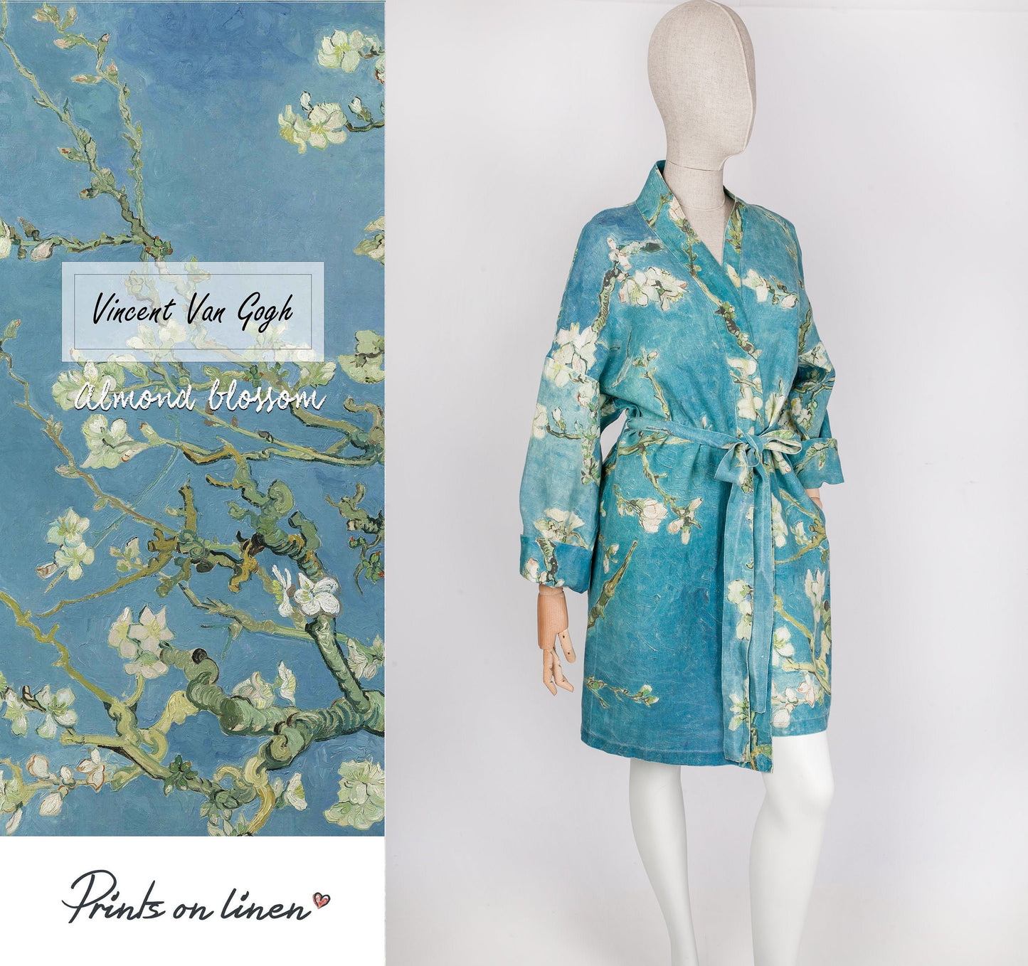 Women bathrobe, Van Gogh, kimono robe, kimono cardigan, bathrobe, Almond blossom, bridesmaid gift, linen, Linen bathrobe, 100% linen