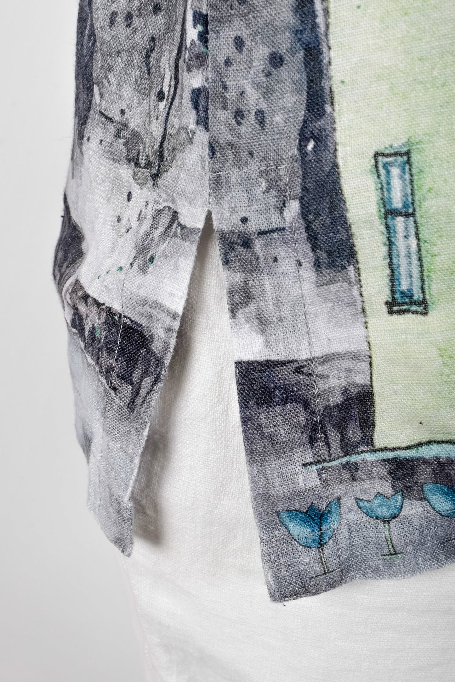 Linen top, short sleeves, summer shirt, Colourful house, linen women shirt, 100% linen, plus size shirt, hand made in Lithuania