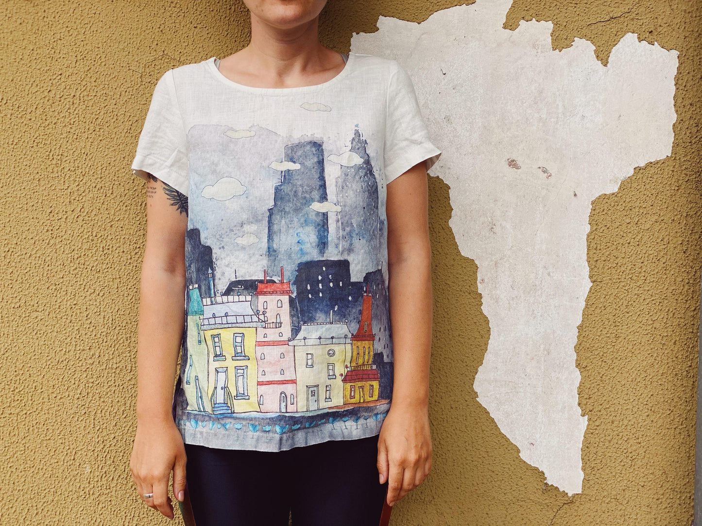 Linen top, short sleeves, summer shirt, Colourful house, linen women shirt, 100% linen, plus size shirt, hand made in Lithuania