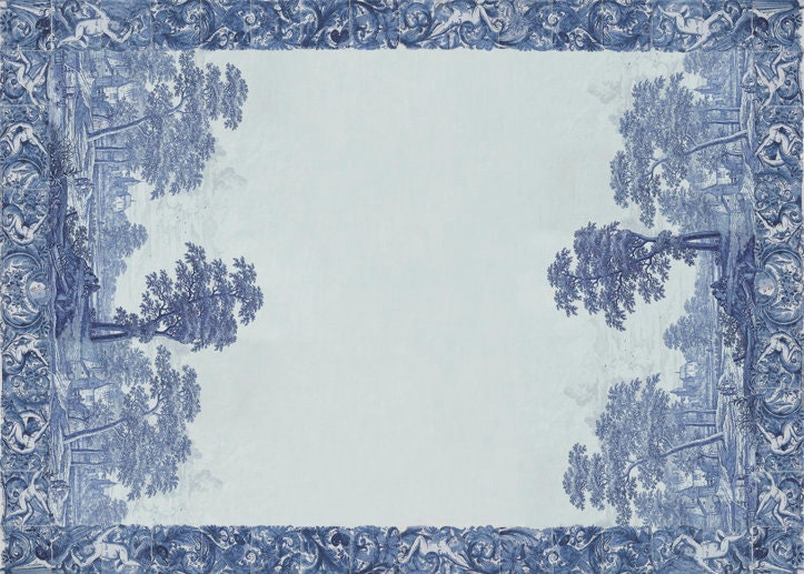 Linen tablecloth, Plaat, beschilderd met een rivierlandschap met kasteel, boerderij en enkele figuren, Frederik van Frytom, 100% linen