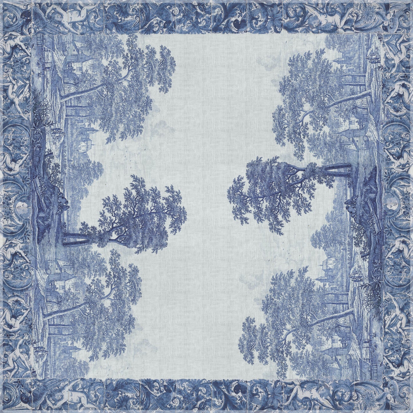 Linen tablecloth, Plaat, beschilderd met een rivierlandschap met kasteel, boerderij en enkele figuren, Frederik van Frytom, 100% linen