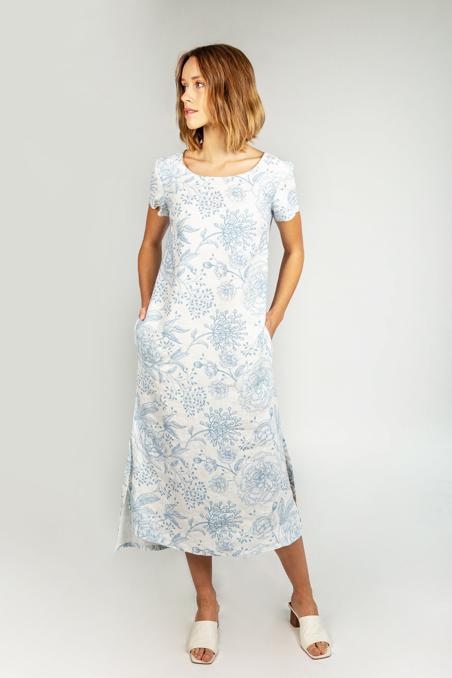 Linen dress, Floral Vintage, asymmetric linen dress, linen women dress, long linen dress, 100% linen, white linen dress