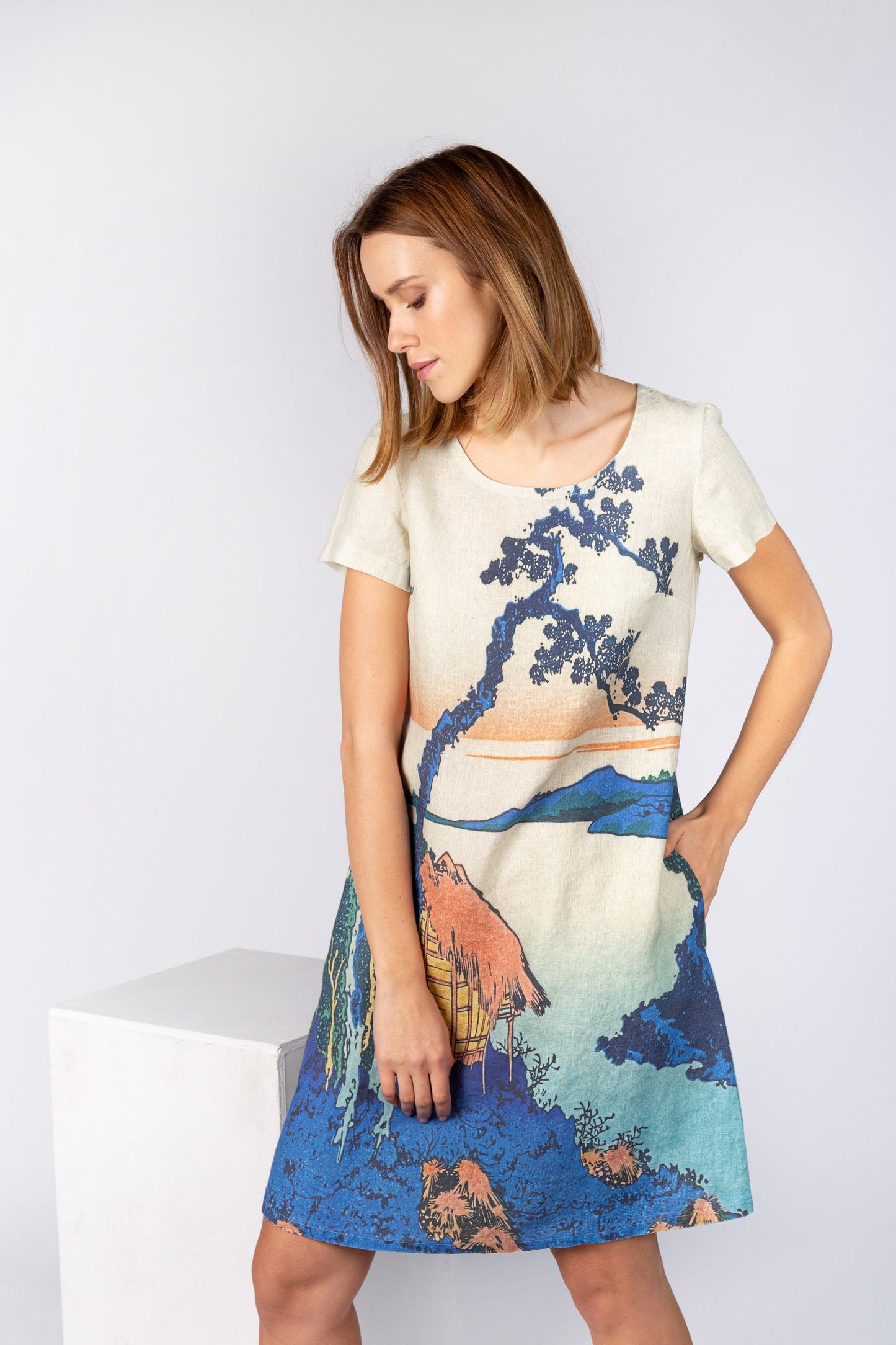 Linen dress, Hokusai, Lake Suwa, Summer dress, Katsushika Hokusai, short sleeves dress, vintage dress, wabi sabi dress, wabi sabi