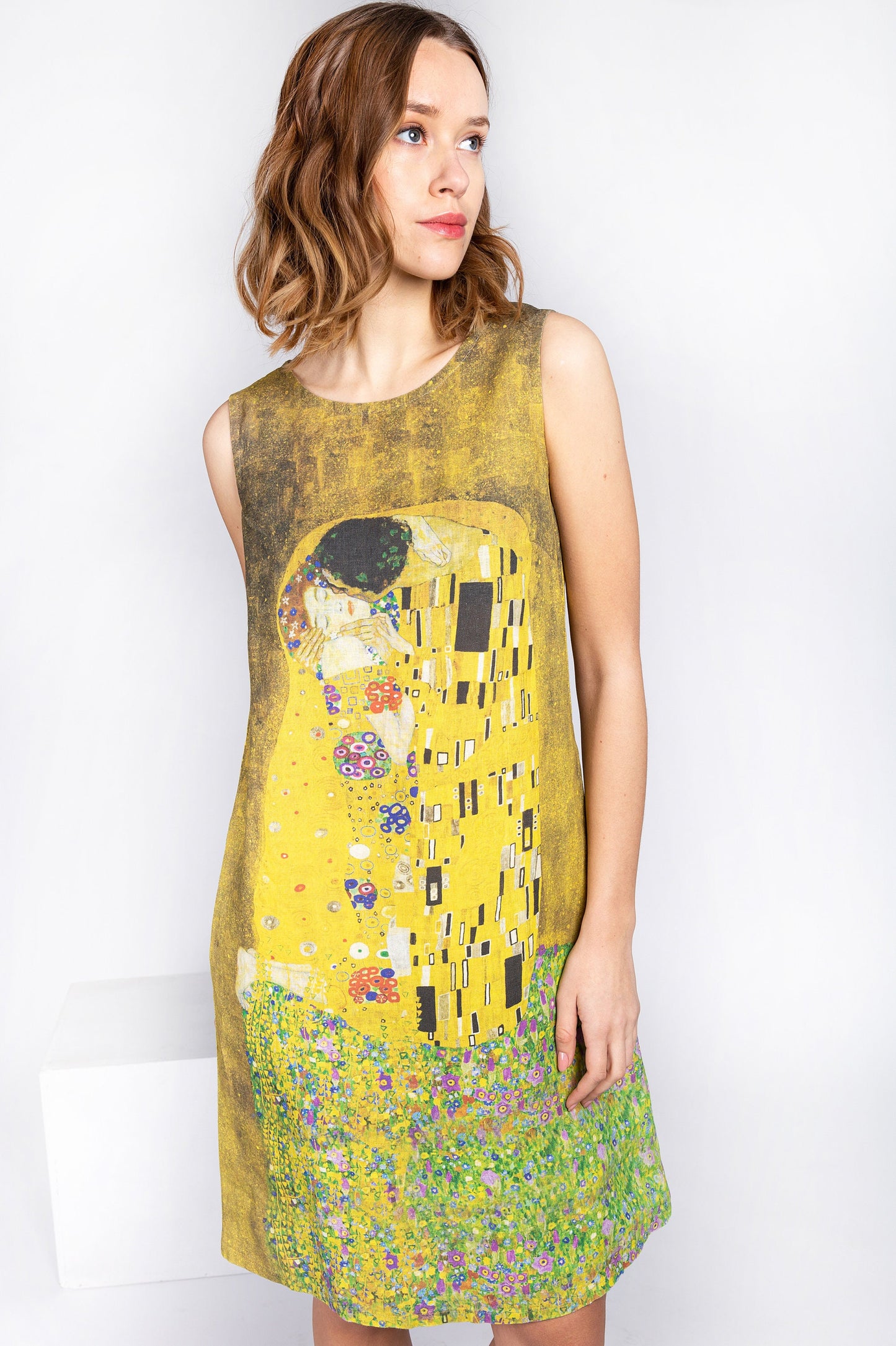 Linen dress, Gustav Klimt, The Kiss, linen tunic, summer dress, dress pockets, hand made dress, tunic dress, loose dress, Art on linen