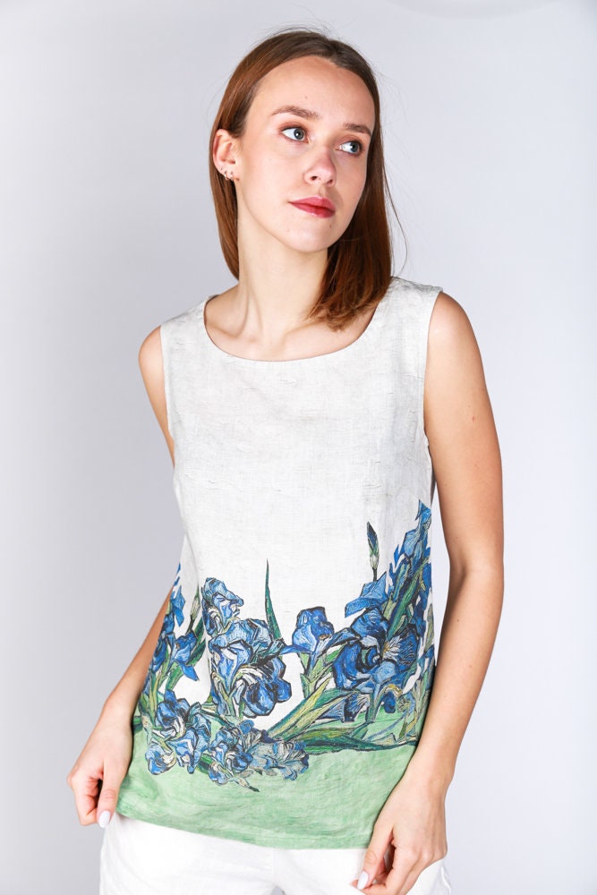 Linen top, Vincent van Gogh, Irises, 1890, women blouse, linen shirt, tank top, 100% linen, blouse, sleeveless shirt, LINENISLOVE