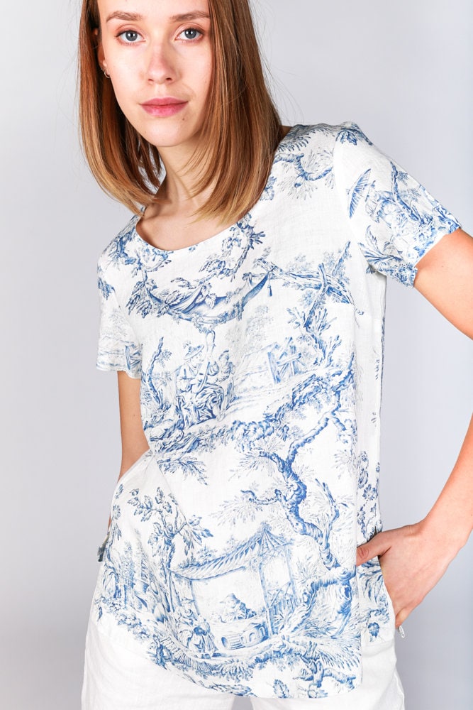 Toile de Jouy, Linen top, Chinoiserie, women blouse, linen shirt, 100% linen, blouse, sleeveless shirt, custom size shirt, linen tank top