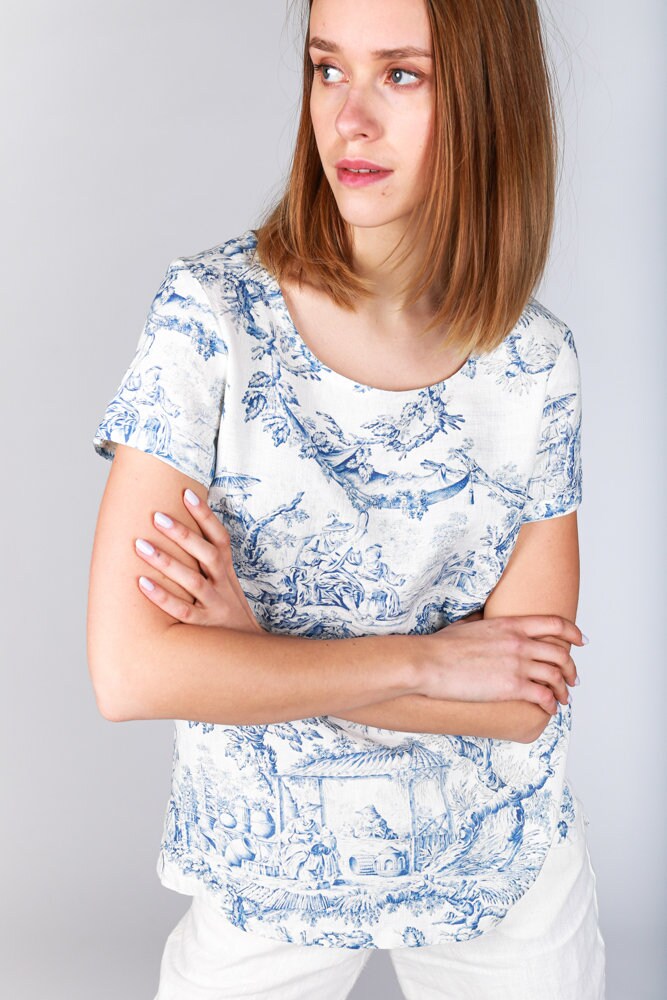 Toile de Jouy, Linen top, Chinoiserie, women blouse, linen shirt, 100% linen, blouse, sleeveless shirt, custom size shirt, linen tank top