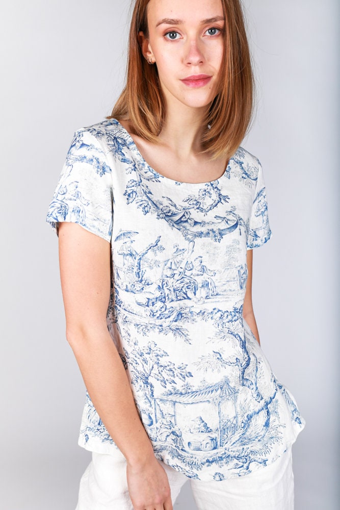 Toile de Jouy, Linen top, Chinoiserie, women blouse, linen shirt, 100% linen, blouse, sleeveless shirt, custom size shirt, linen tank top