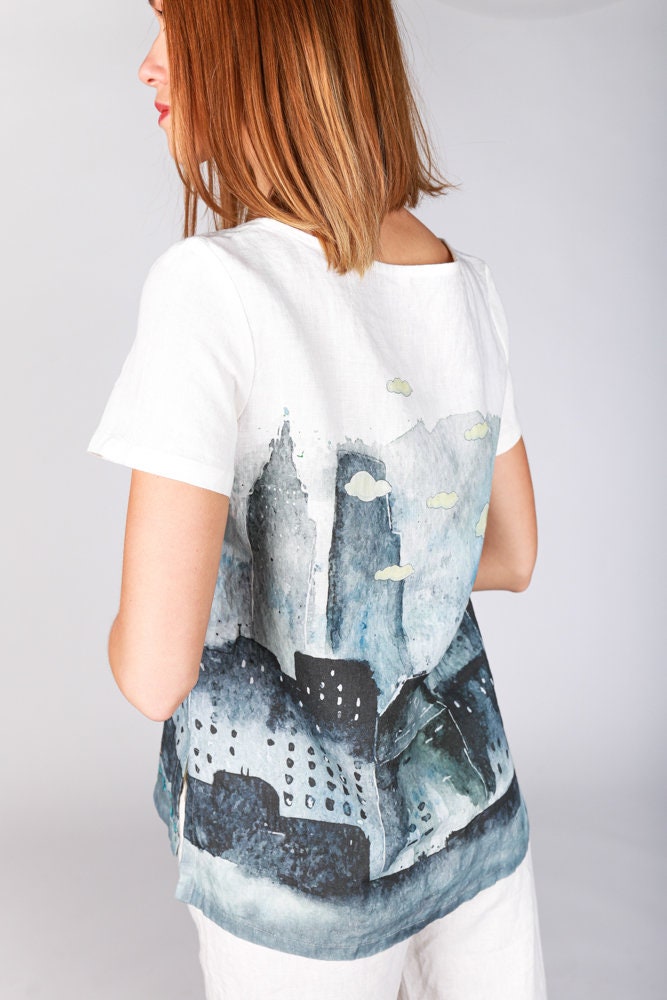 Linen top, short sleeves, summer shirt, Colourful house, linen women shirt, 100% linen, plus size shirt, hand made in Lithuania