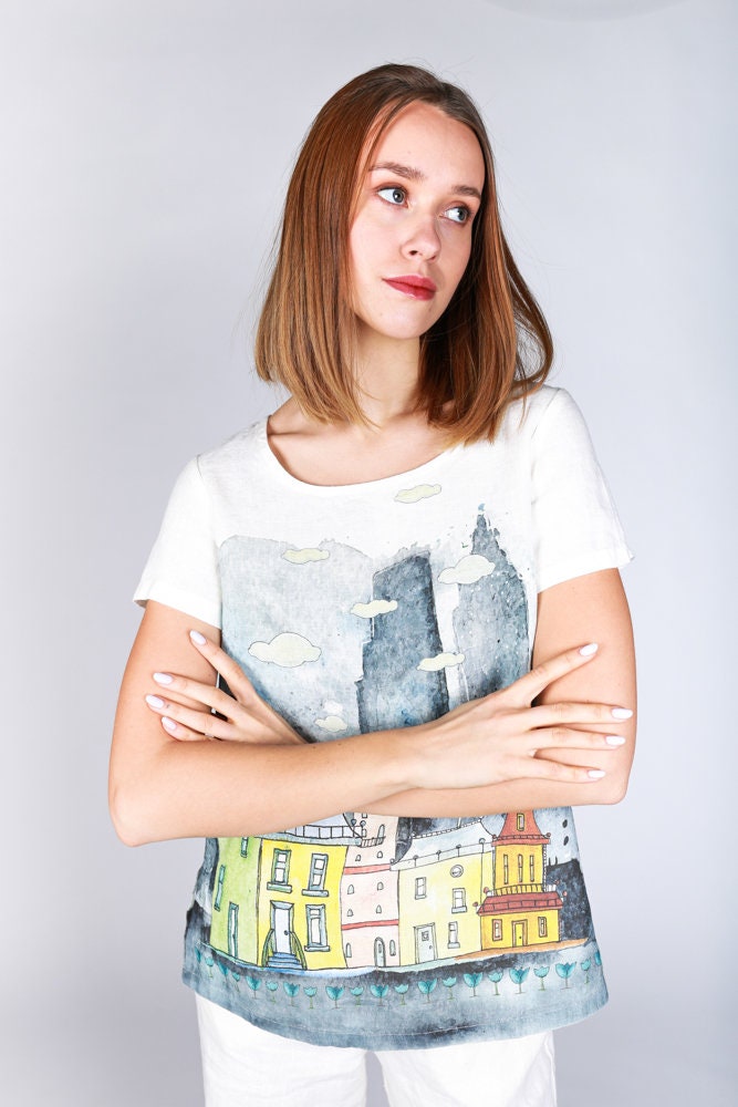 Linen top, short sleeves, summer shirt, Colourful house, linen women shirt, 100% linen, plus size shirt, hand made in Lithuania