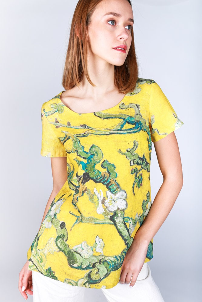 Linen top, Vincent van Gogh, Almond Blossom, Linen Shirt Short Sleeves, Natural Linen Shirt, summer shirt, linen blouse, women shirt