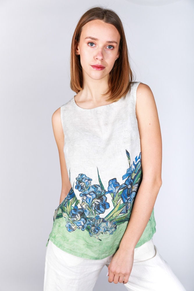 Linen top, Vincent van Gogh, Irises, 1890, women blouse, linen shirt, tank top, 100% linen, blouse, sleeveless shirt, LINENISLOVE