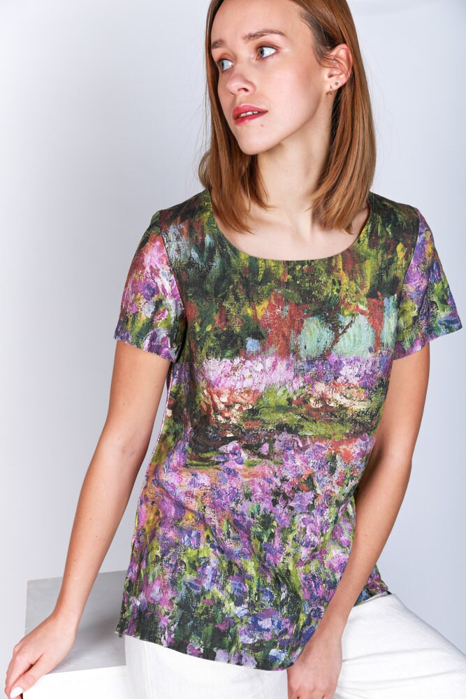 Linen top, Claude Monet, Garden at Giverny, Lightweight blouse, Beachwear, Linen clothing for women, Natural linen blouse