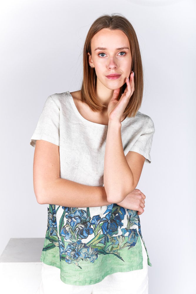 Linen top, Irises, Van Gogh, Linen blouse, linen shirt, linen summer blouse, linen top with sleeves