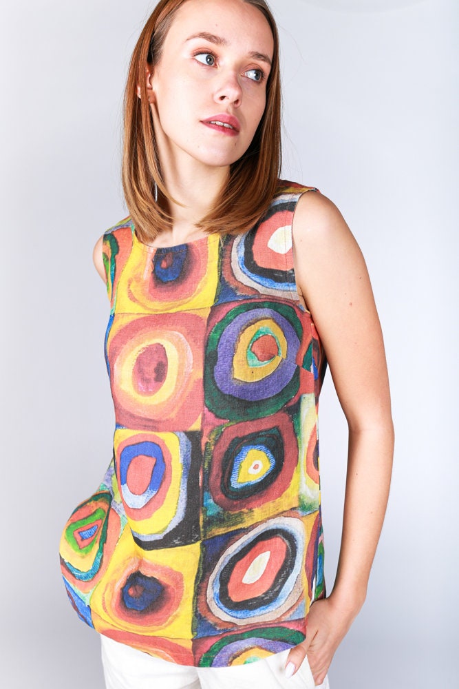 Linen top, Color Study. Squares with Concentric Circles, Kandinsky, linen shirt, women top, summer top