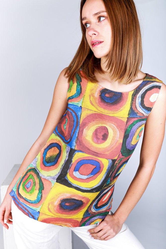 Linen top, Color Study. Squares with Concentric Circles, Kandinsky, linen shirt, women top, summer top