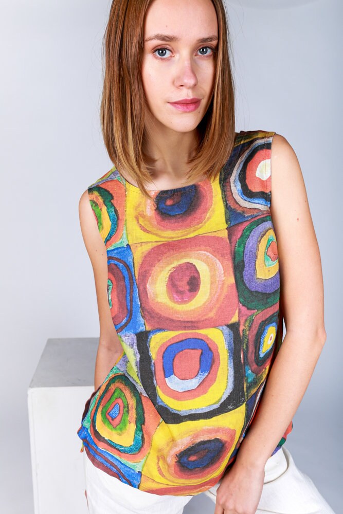 Linen top, Color Study. Squares with Concentric Circles, Kandinsky, linen shirt, women top, summer top