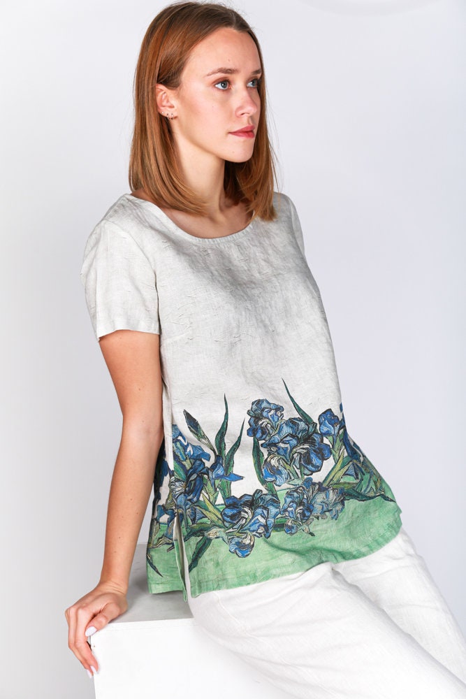 Linen top, Irises, Van Gogh, Linen blouse, linen shirt, linen summer blouse, linen top with sleeves