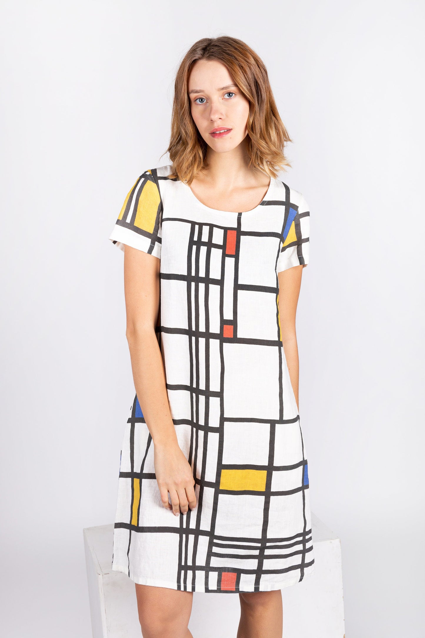 Linen Dress | Composition with Red, Blue and Yellow by Modrian