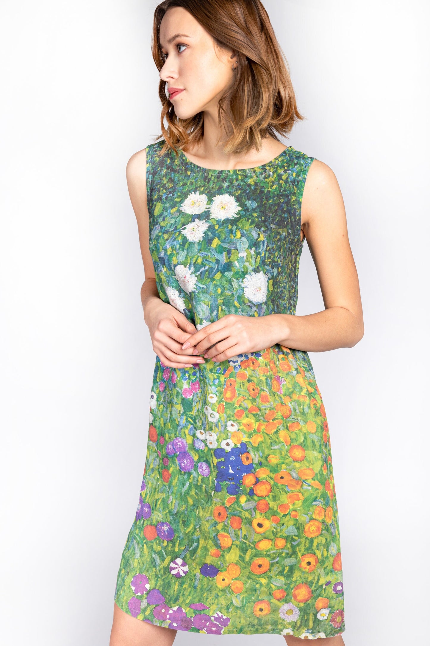 Linen dress, Gustav Klimt, Flower Garden, women dress, 100% linen, linen women dress, , side pockets,