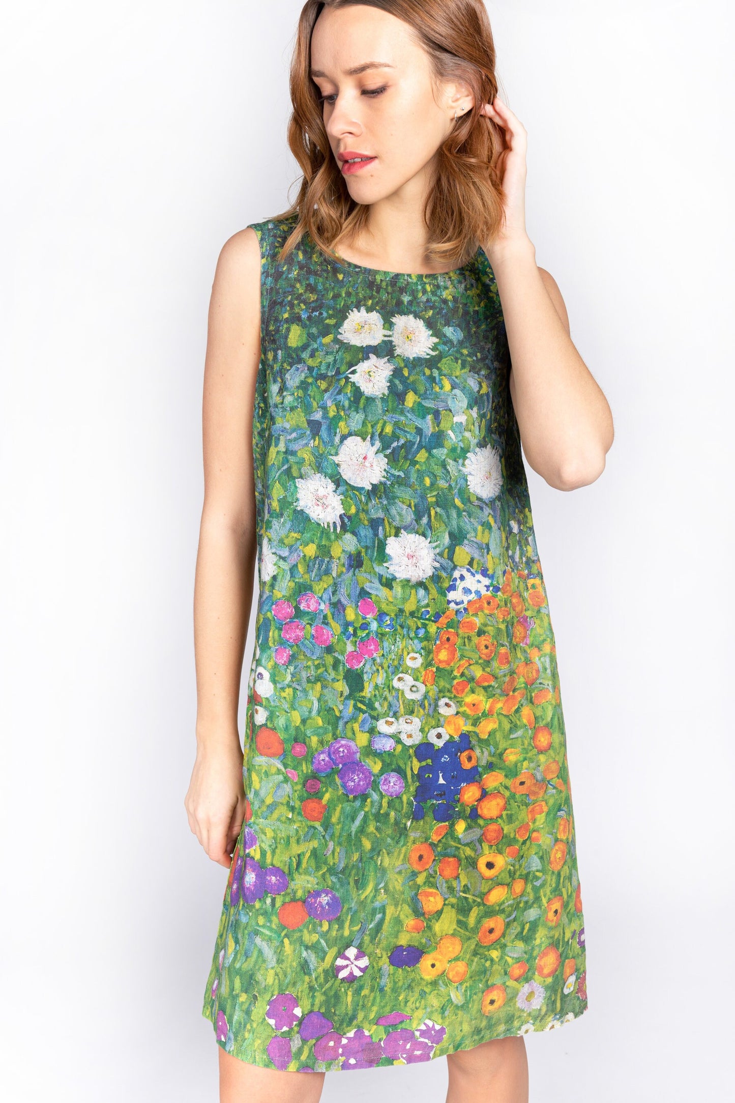 Linen dress, Gustav Klimt, Flower Garden, women dress, 100% linen, linen women dress, , side pockets,