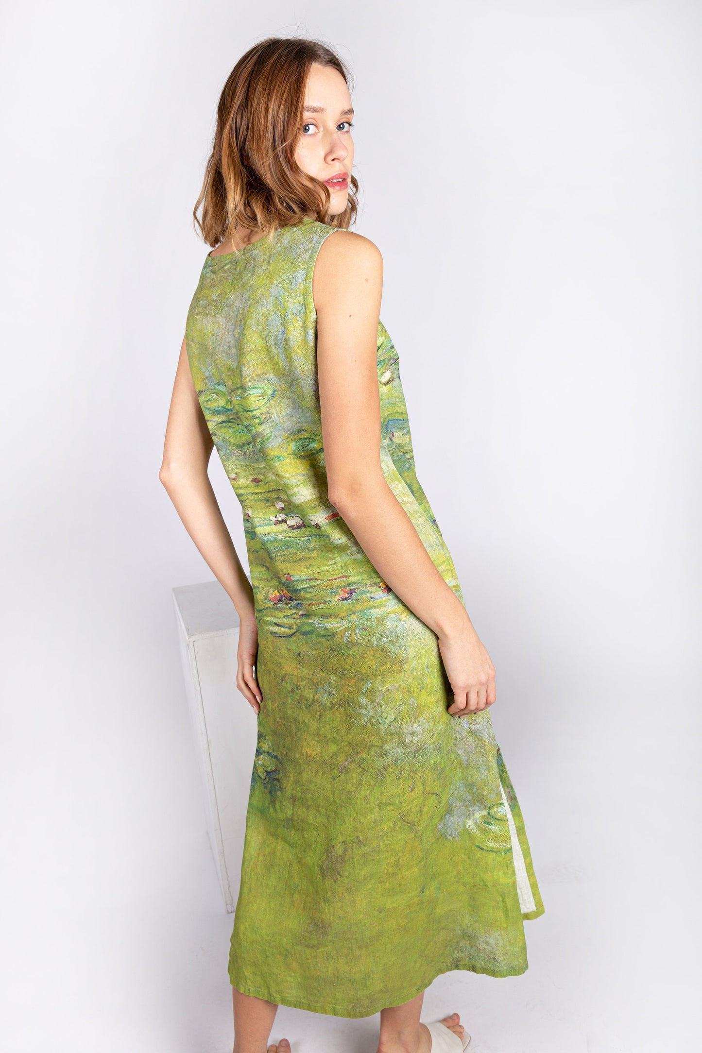 Midi linen dress, Claude Monet, Water Lily, Linen women dress, Matcha dress, classic dress, prom dress, 100% linen, dress with pockets