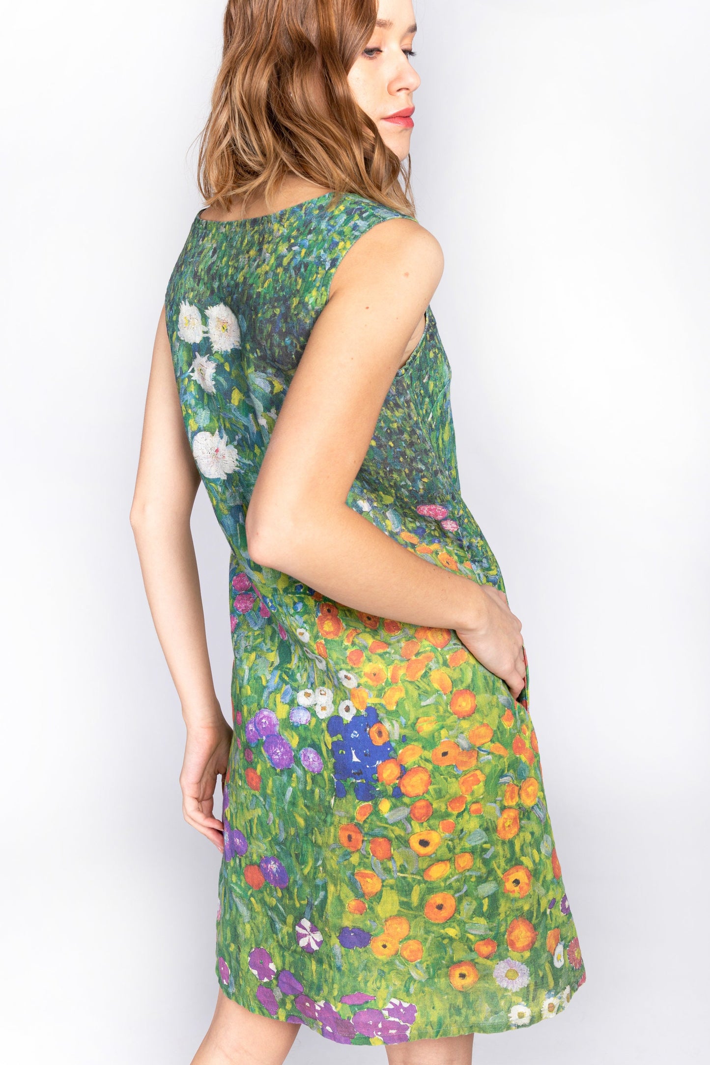 Linen dress, Gustav Klimt, Flower Garden, women dress, 100% linen, linen women dress, , side pockets,