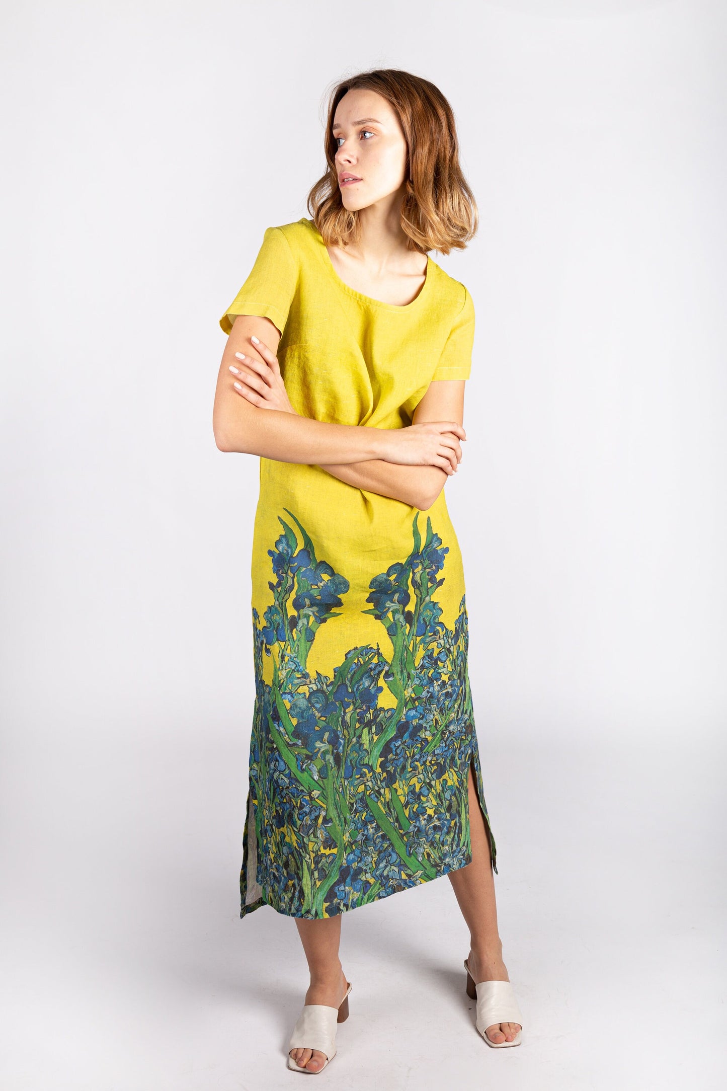 Linen dress, Van Gogh, Irises, mustard dress, linen midi dress, linen summer dress, linen clothing