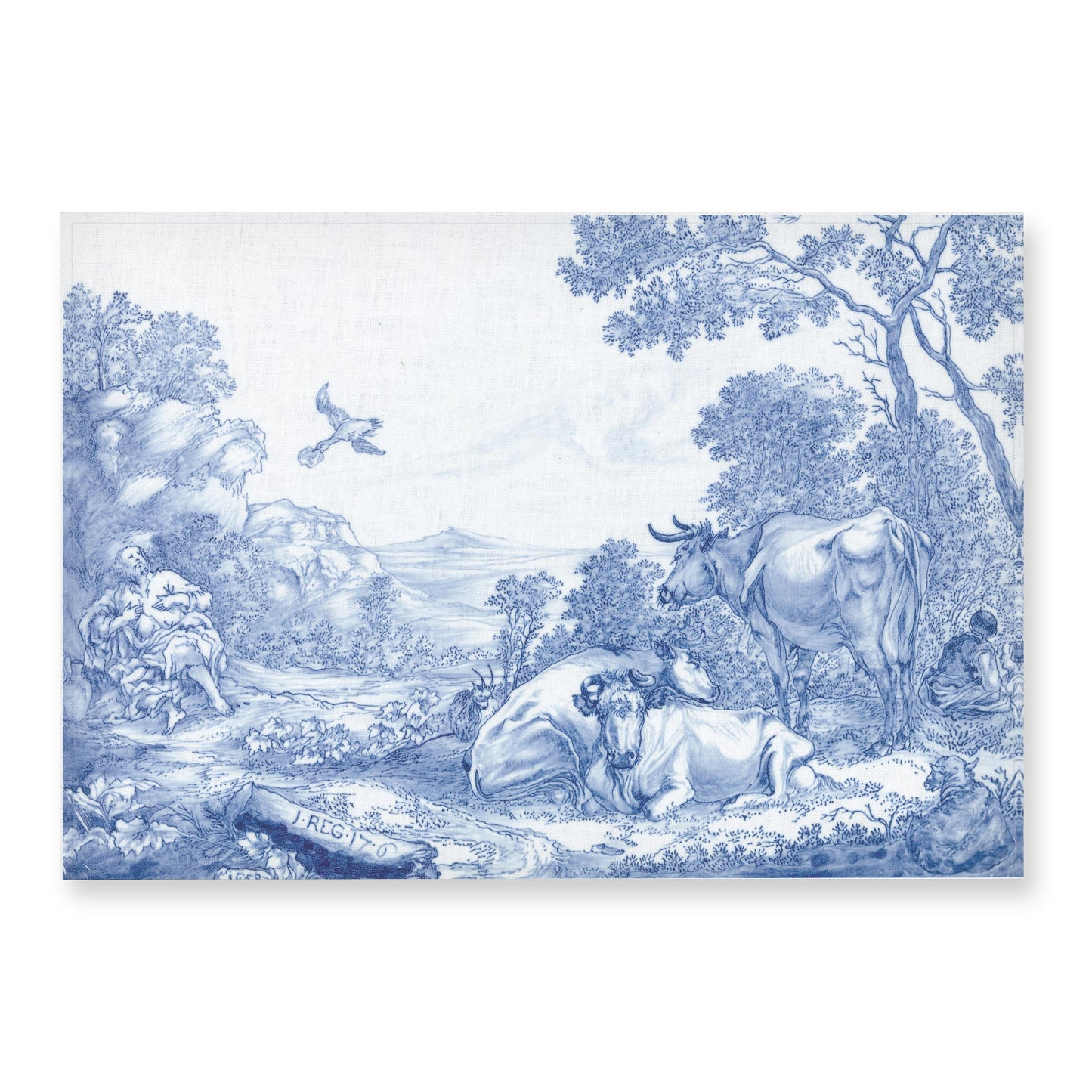 Placemats set, Plaque with Elijah Fed by Ravens, anonymous, 1658, fabric placemats, toile placemats