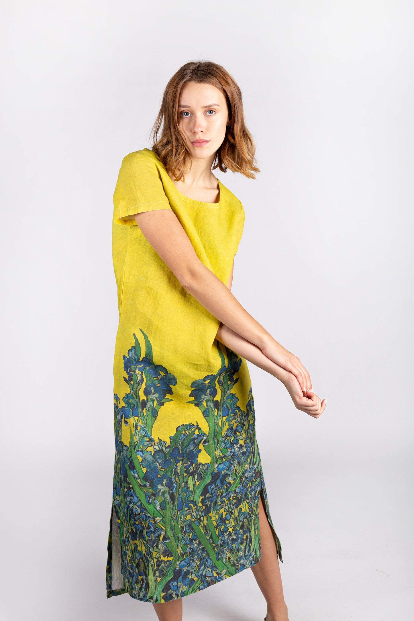 Linen dress, Van Gogh, Irises, mustard dress, linen midi dress, linen summer dress, linen clothing
