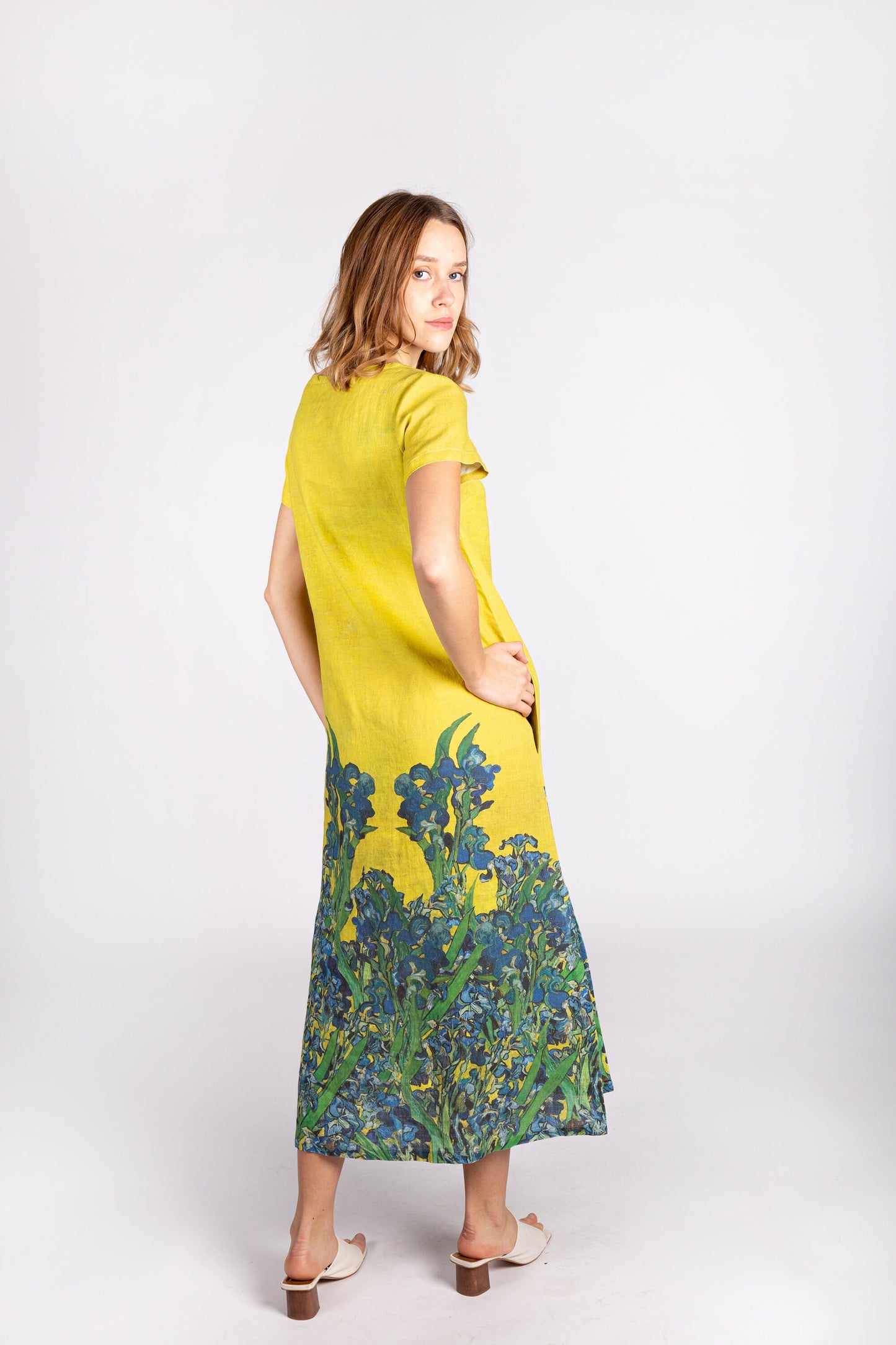 Linen dress, Van Gogh, Irises, mustard dress, linen midi dress, linen summer dress, linen clothing