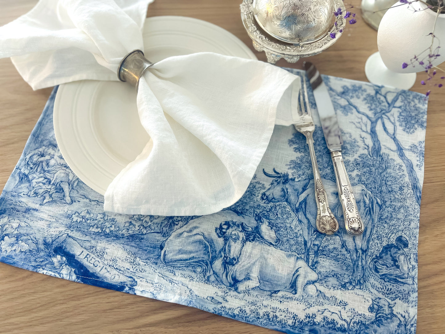 Placemats set, Plaque with Elijah Fed by Ravens, anonymous, 1658, fabric placemats, toile placemats