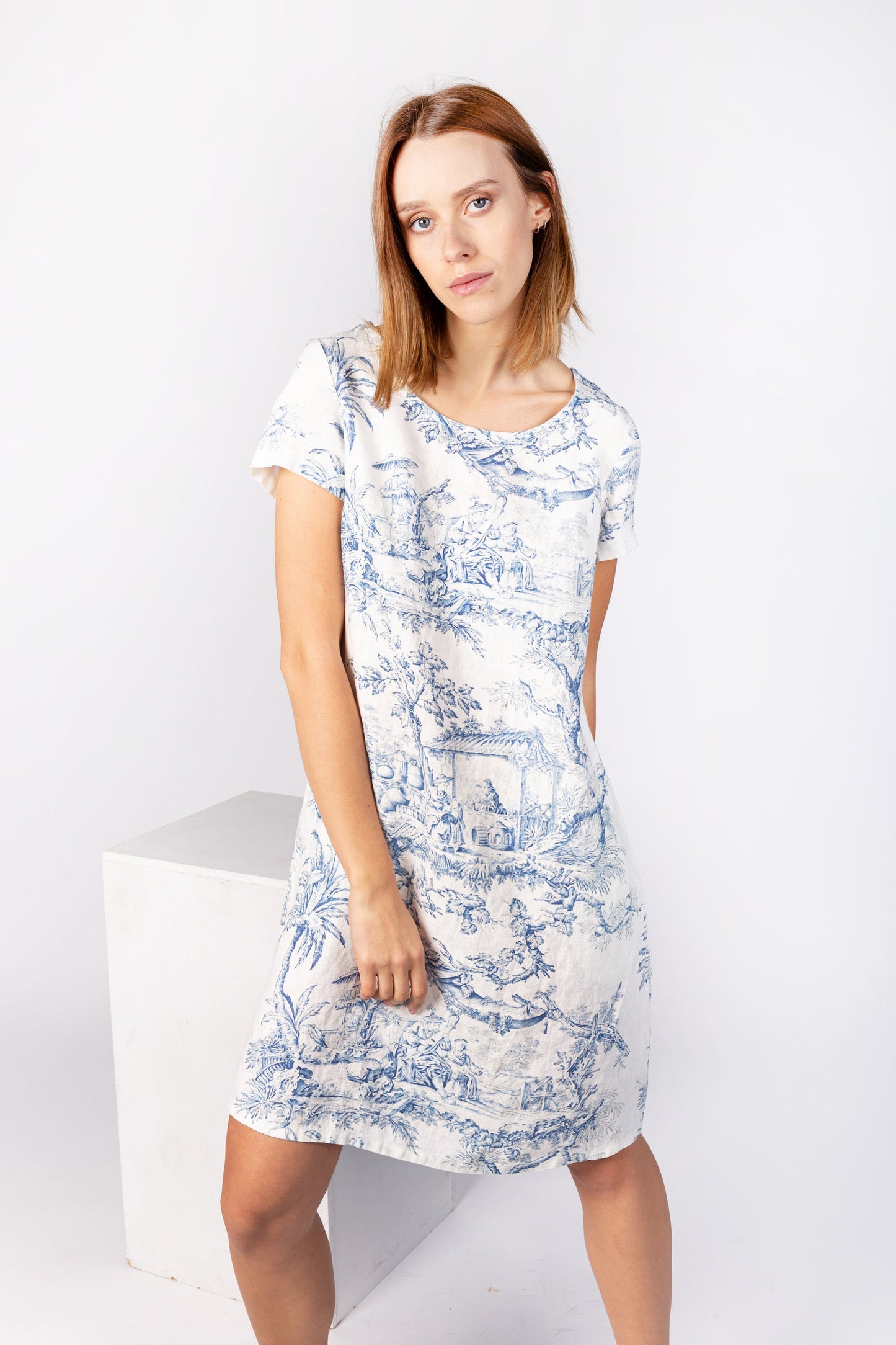 Linen dress, Toile de Jouy, 100% linen, linen women dress, white dress, white linen dress, prom dress