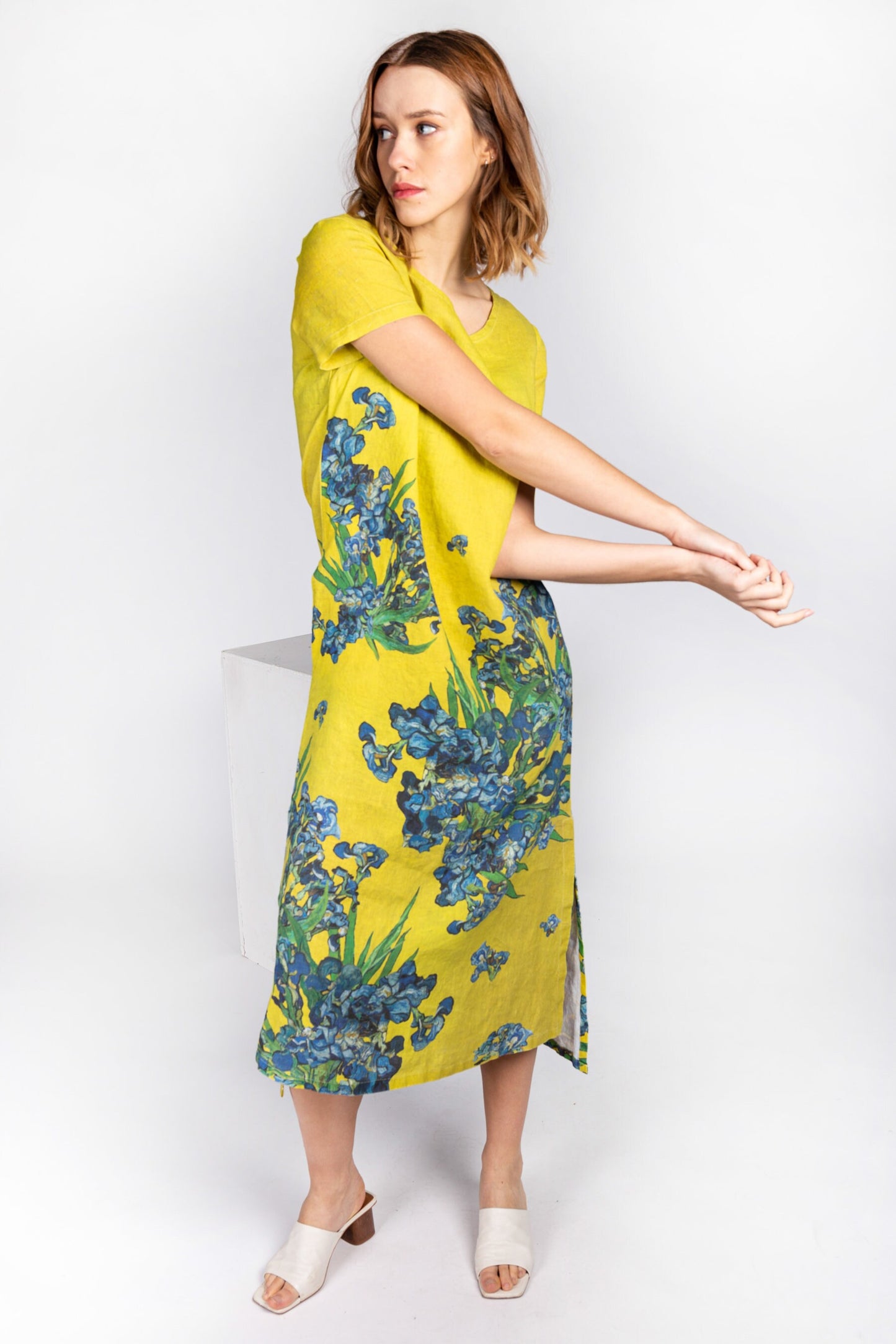 Linen dress, Van Gogh, Irises, mustard dress, linen midi dress, linen summer dress, linen clothing