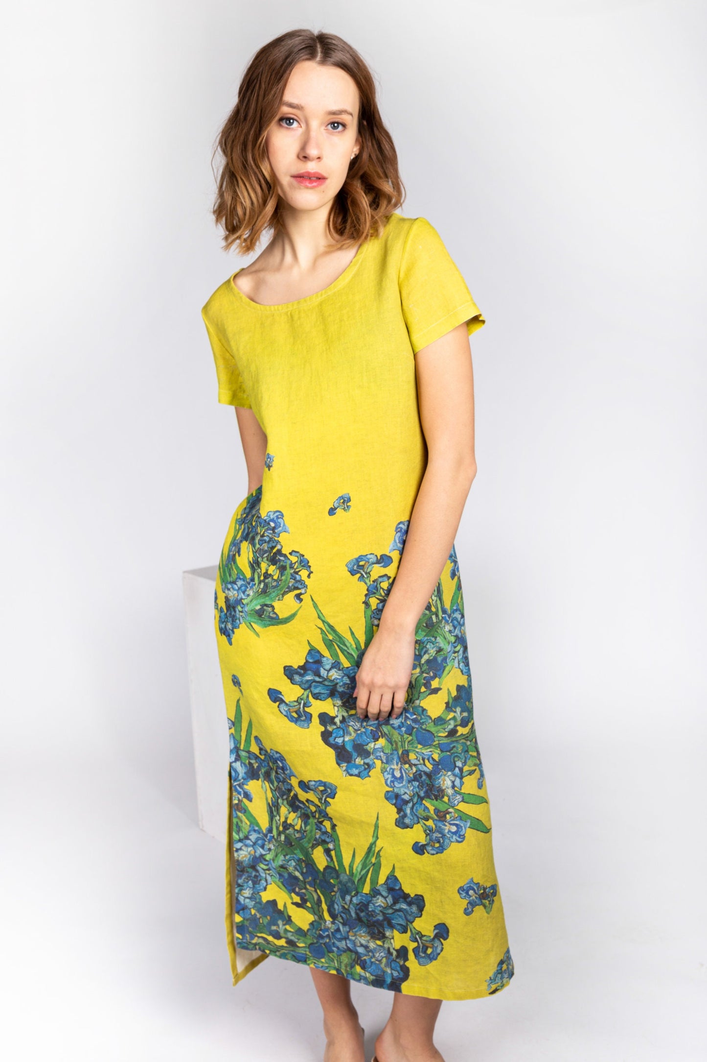 Linen dress, Van Gogh, Irises, mustard dress, linen midi dress, linen summer dress, linen clothing