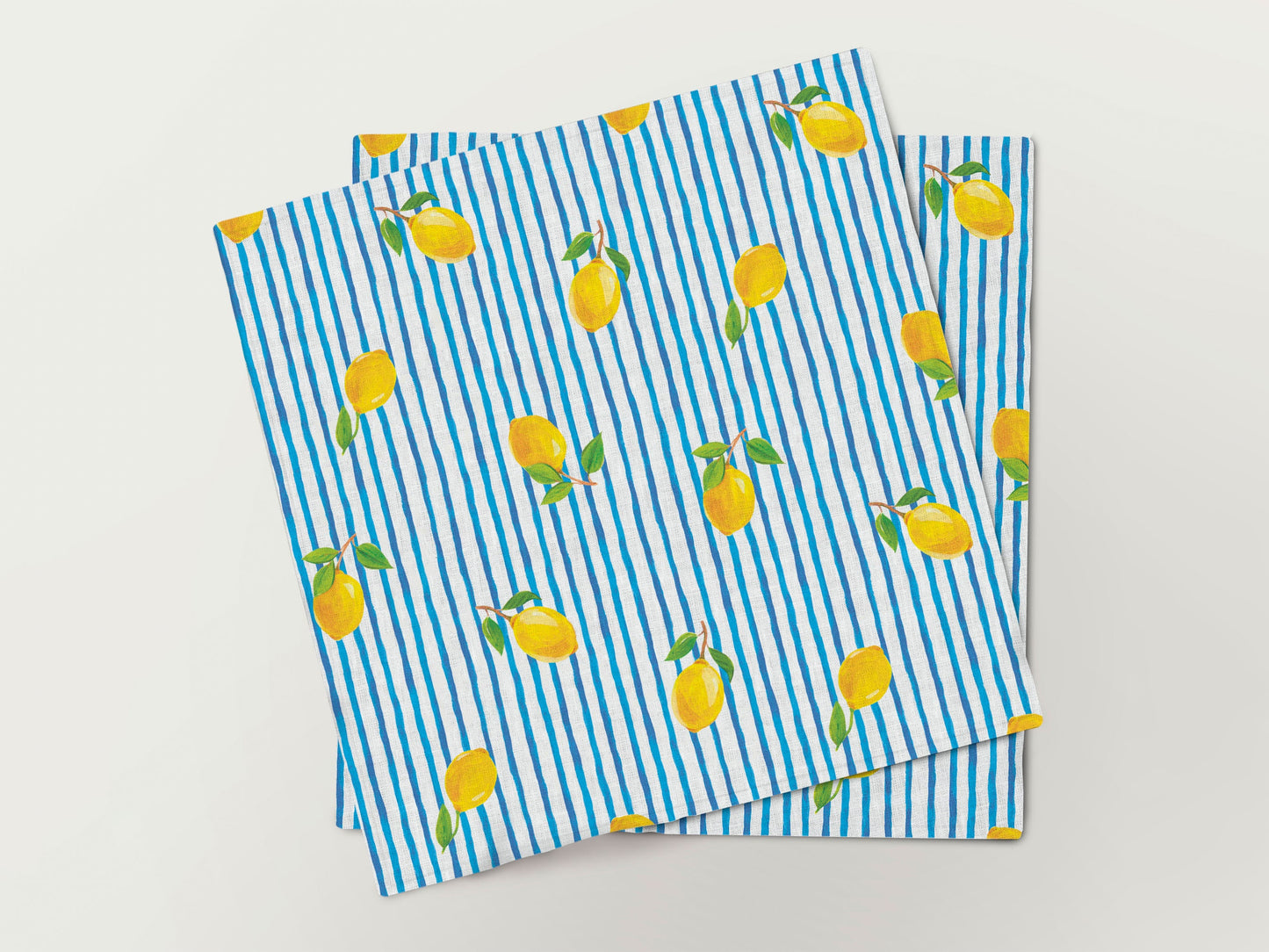 Napkins set, Fresh Summrt, linen napkins, 100% linen, lemon print, wedding napkins, Eclectic napkins, blue stripes napkins