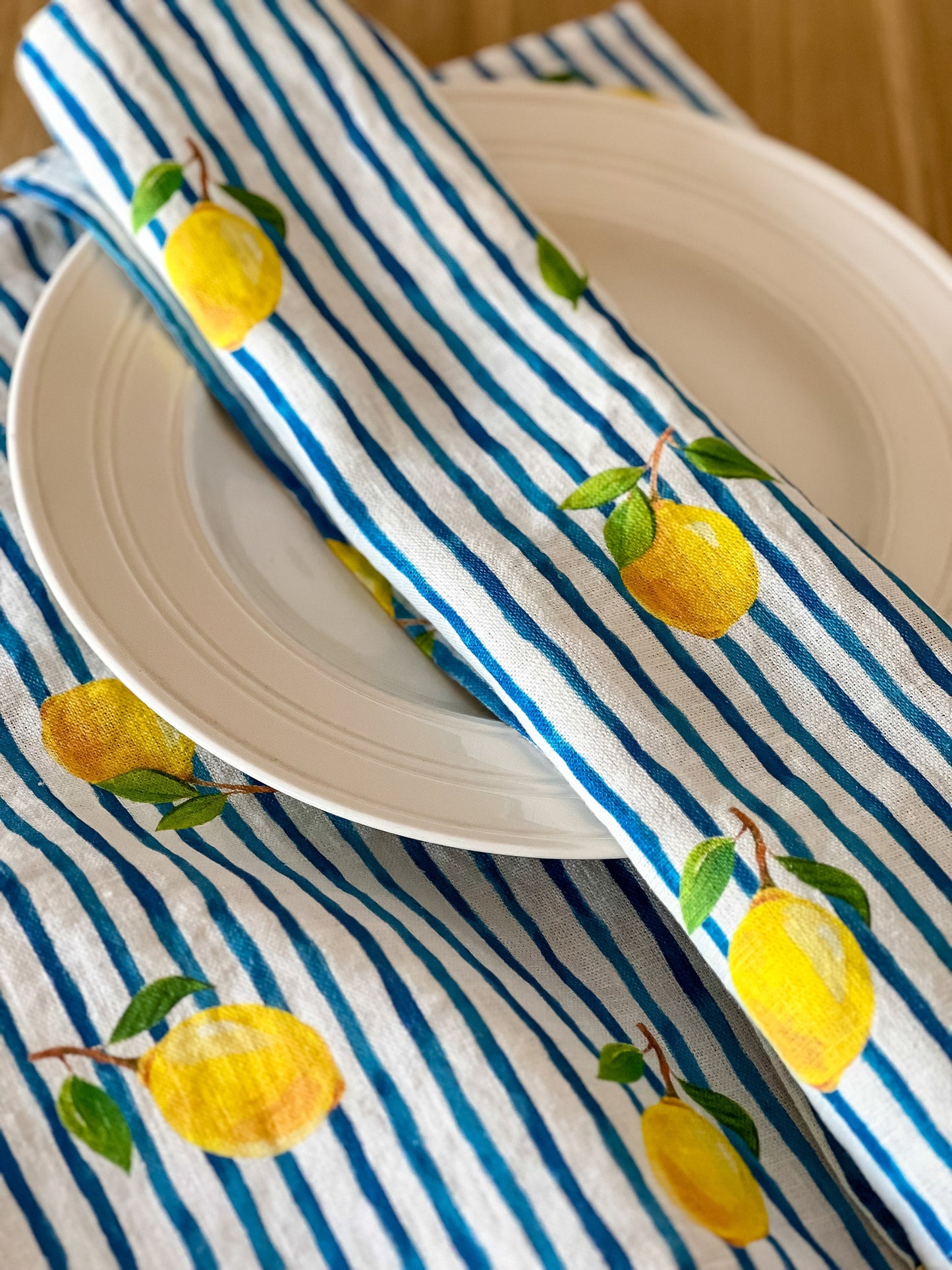 Napkins set, Fresh Summrt, linen napkins, 100% linen, lemon print, wedding napkins, Eclectic napkins, blue stripes napkins