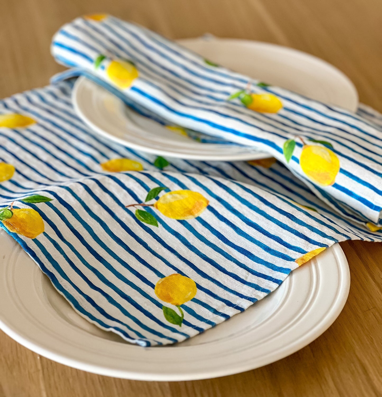 Napkins set, Fresh Summrt, linen napkins, 100% linen, lemon print, wedding napkins, Eclectic napkins, blue stripes napkins