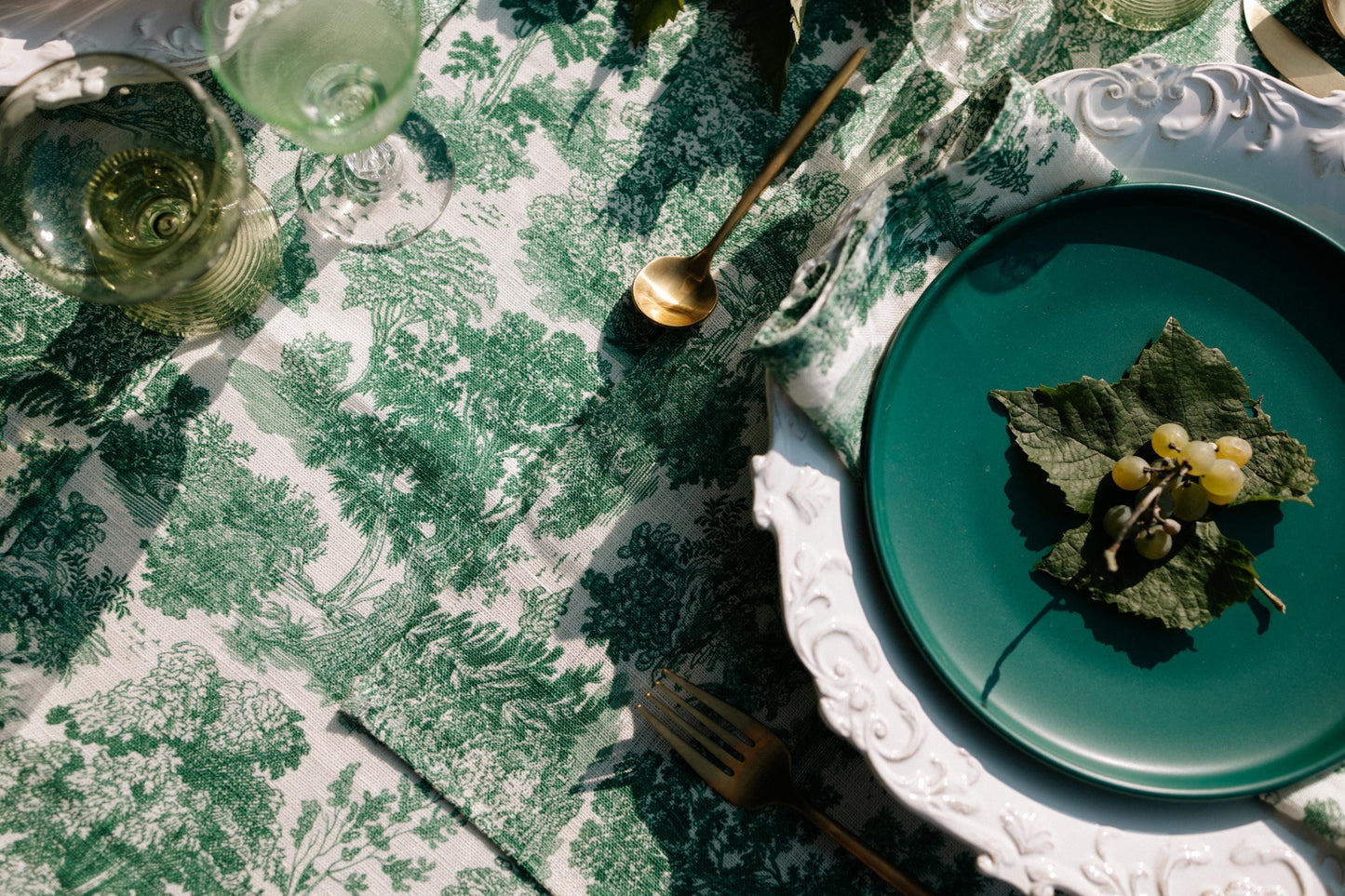 Tablecloth, Forest Serenity, toile tablecloth, Vintage pattern, 100% linen