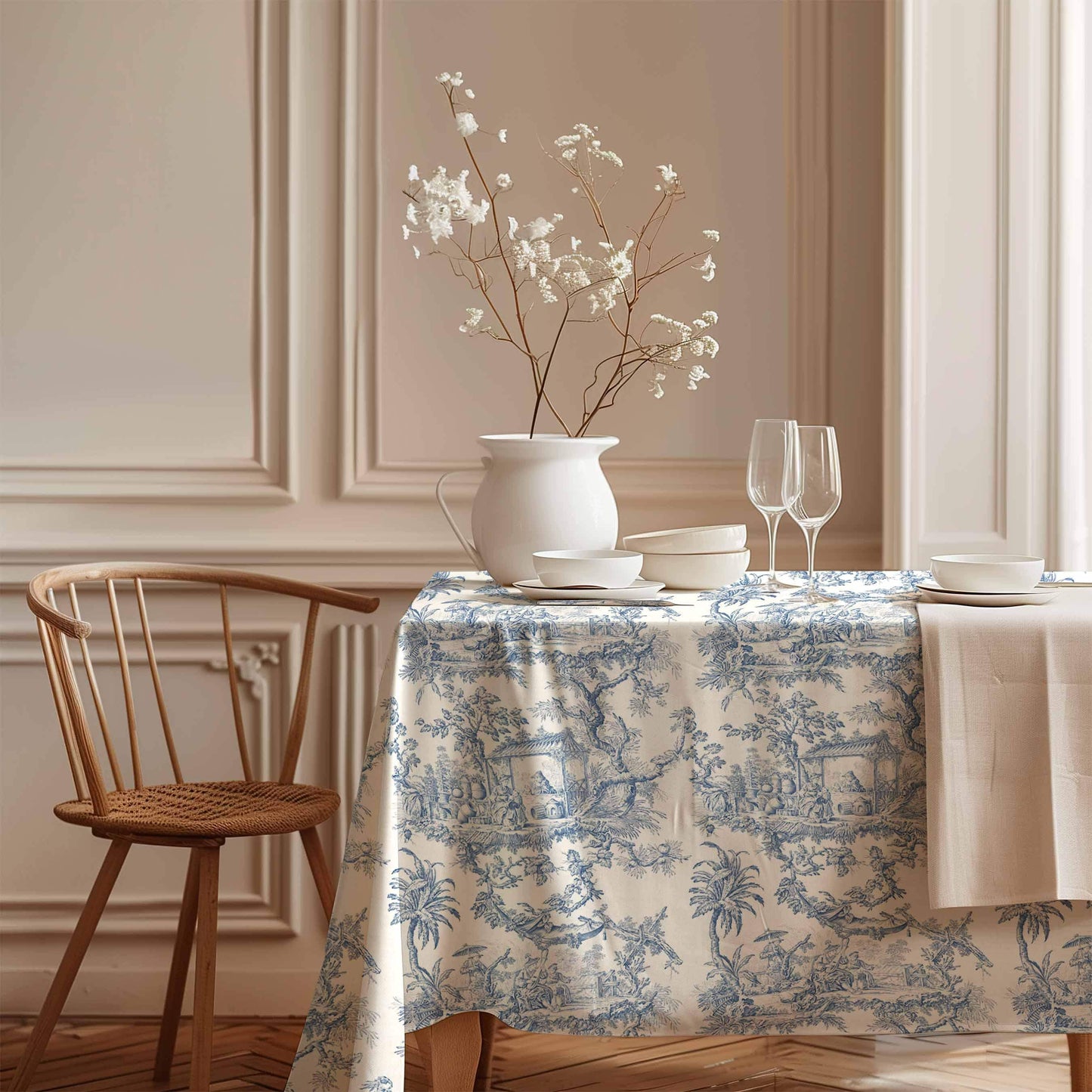 Tablecloth, Toile de Jouy, Vintage pattern, 100% linen