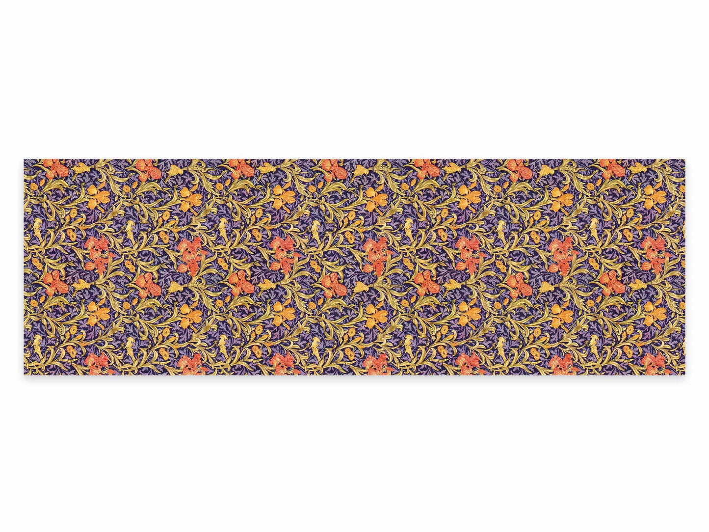 Table runner, William Morris, Yellow Orange Iris Flowers Cross Stitch, 100% linen