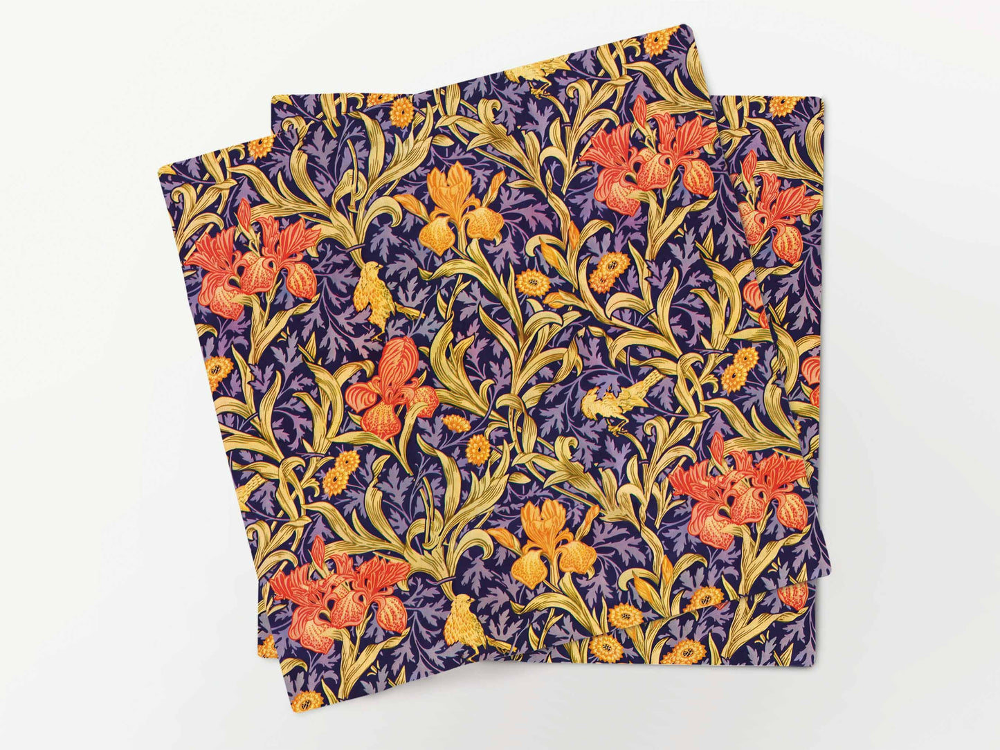 Napkins set, William Morris, Yellow Orange Iris Flowers Cross Stitch, 100% linen