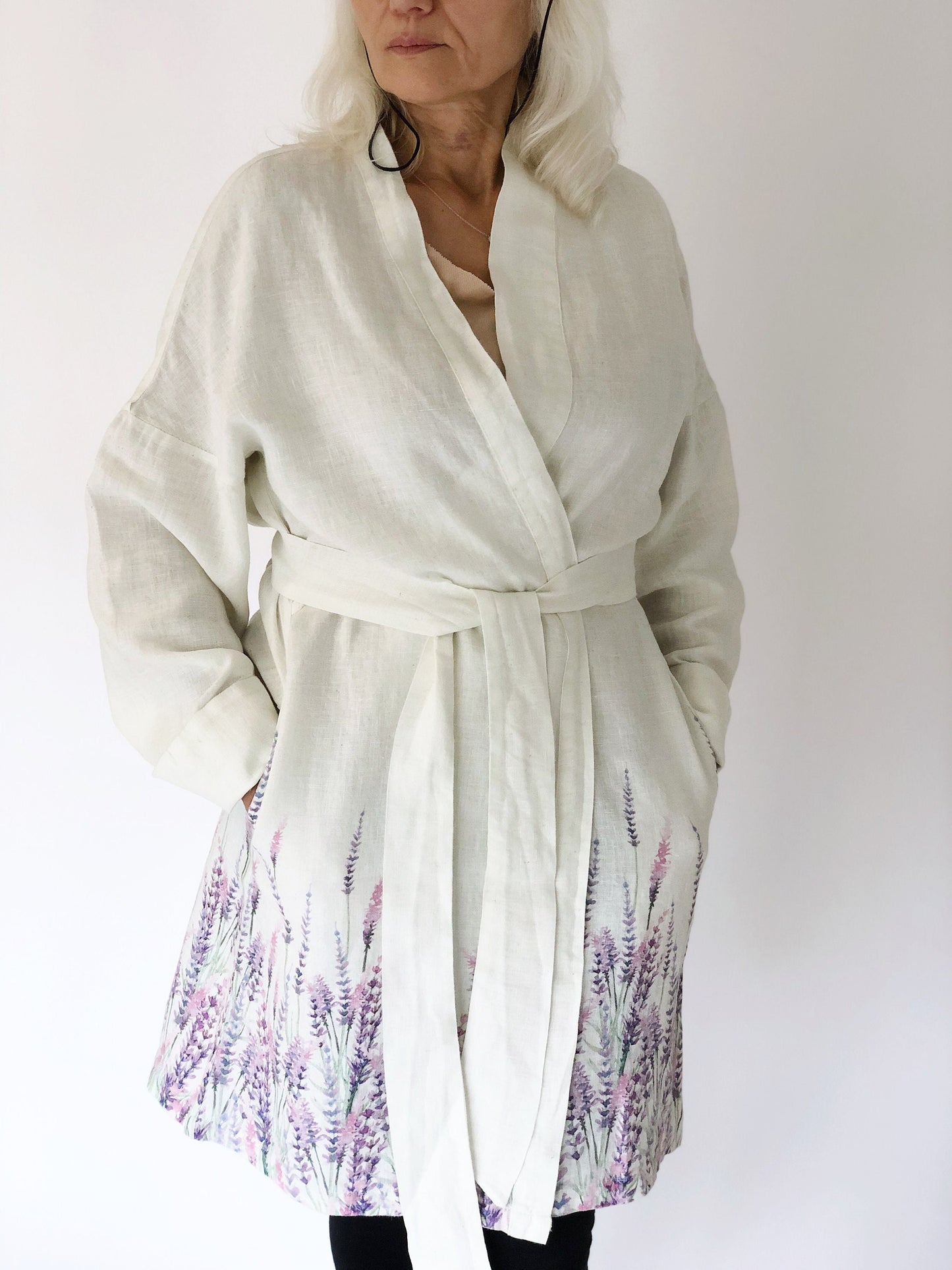 Kimono robe, Lavenders, 100% linen, kimono cardigan, bathrobe, bridesmaid gift, Linen robe, linen, Linen bathrobe, hand made in Lithuania