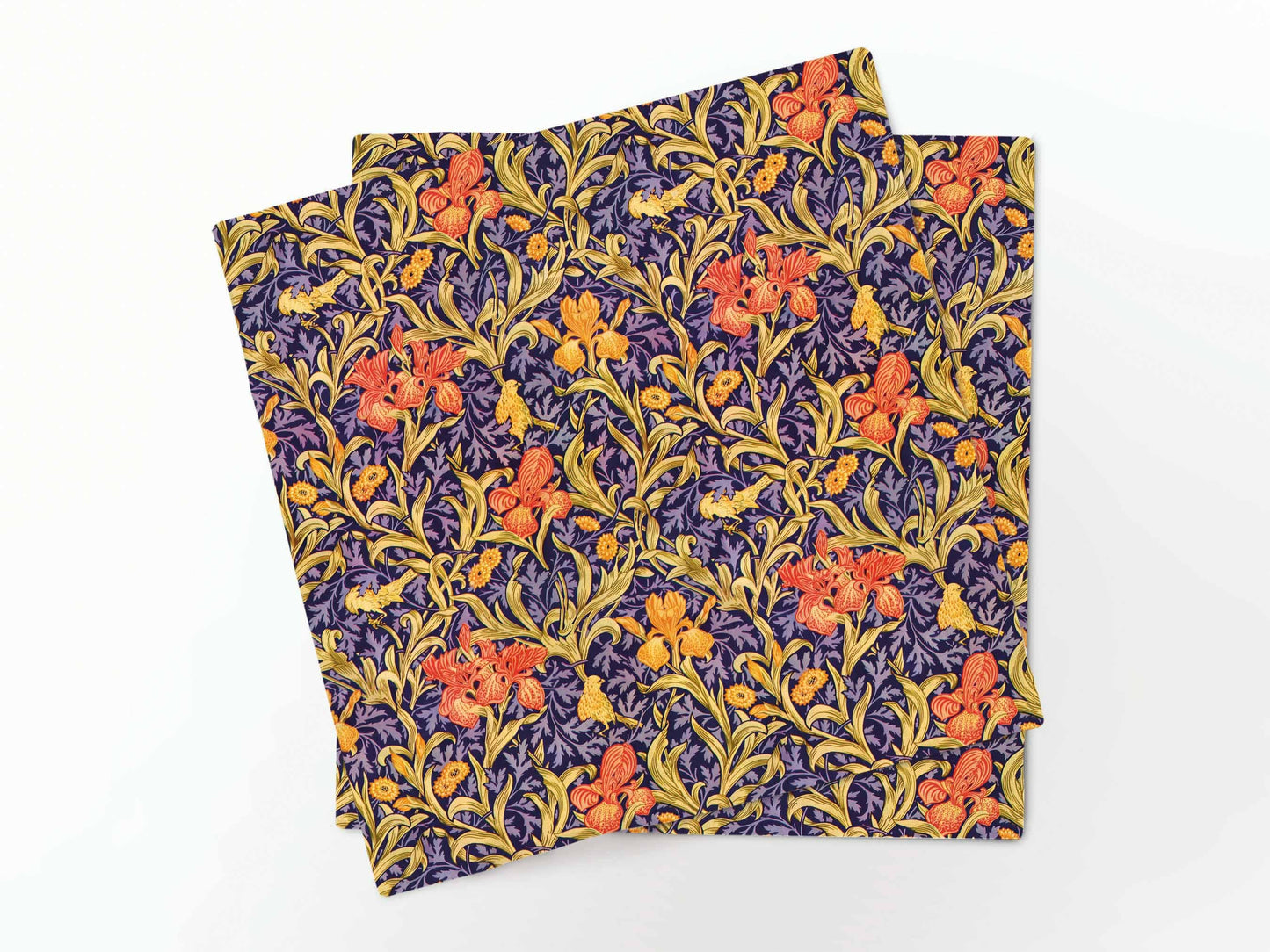 Napkins set, William Morris, Yellow Orange Iris Flowers Cross Stitch, 100% linen